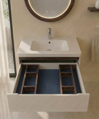 nano-banana-2_bathroom_vanity_cabinet_with_open_drawer_white_cabinet_dark_walnut_wood_organize-0 Тумба під раковину Серія 80 — Горіх американський шпон